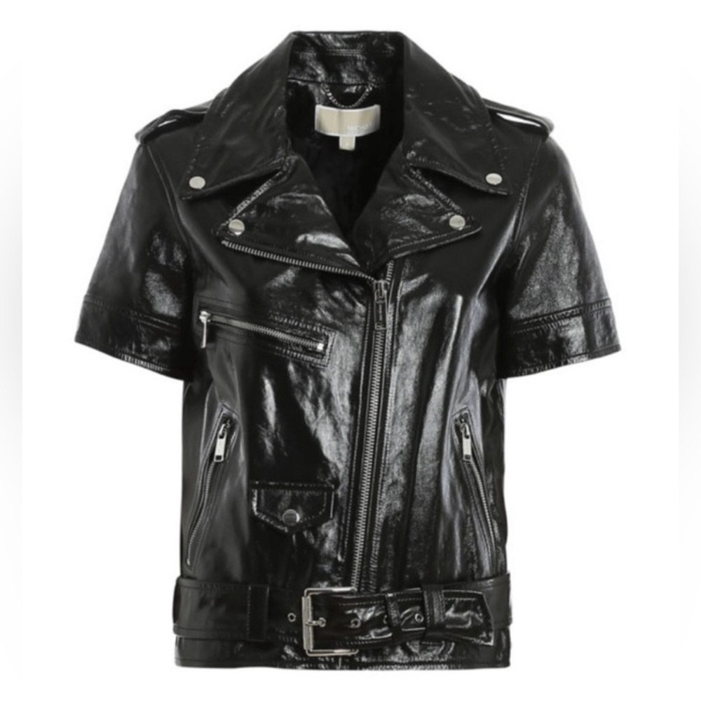 MICHAEL KORS Short Sleeve Black Leather Moto Jacket S Small NWT $495